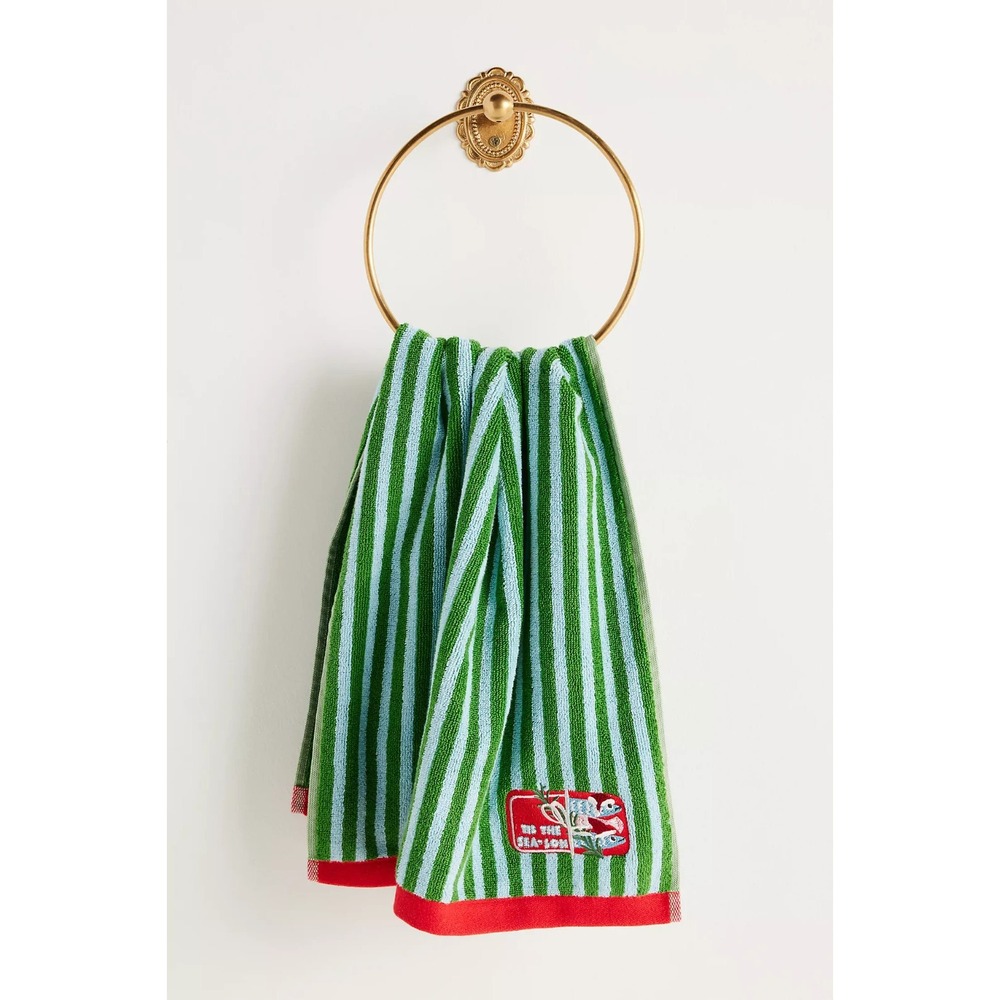 Anthropologie 'Tis The Season Green Hand Towel Holiday‎ Icon Striped 100% Cotton